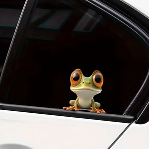 Funny 3D green frog car window sticker with big eyes peering over the vehicle glass