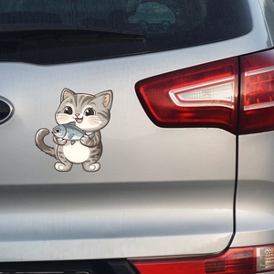 Cute cartoon cat holding fish waterproof vinyl car sticker on silver vehicle trunk