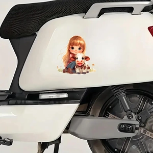 Cartoon girl hugging cow waterproof vinyl sticker on a white motor scooter body side