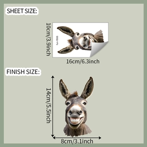 Detailed sheet and finish size specifications for funny donkey head vinyl car sticker