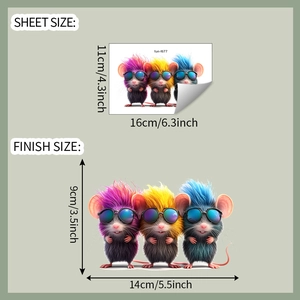 Détails des autocollants souris punk 3D montrant la taille de planche et de finition