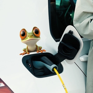 Detailed view of 3D funny frog sticker applied on a white electric car charging port