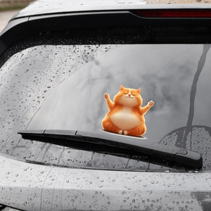 3D cartoon orange cat car sticker in yoga pose on waterproof rainy glass window