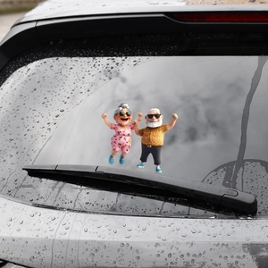 3D cartoon elderly couple car window decal with happy summer style and sunglasses