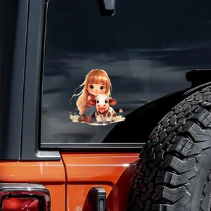 Cute cartoon girl hugging a cow vinyl car sticker applied on orange vehicle window