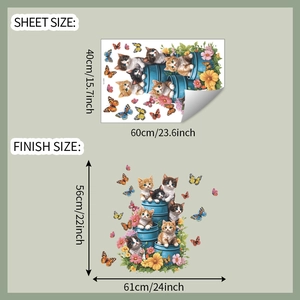 Size specifications for cat and flower wall decals with sheet and finish dimensions