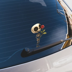 Cartoon skull holding red rose waterproof car decal sticker on rear window glass