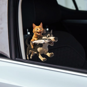 Autocollant 3D chat chevauchant un chien husky pour vitre de voiture, décor PVC étanche