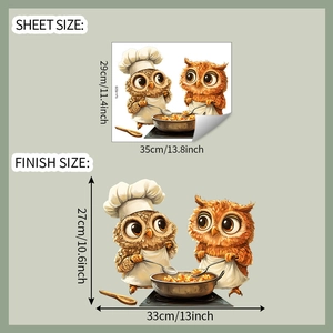 Detailed sheet size and dimensions for cartoon chef owl kitchen wall sticker decor