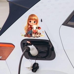 Cartoon girl hugging cow vinyl car sticker decal on white vehicle charging port