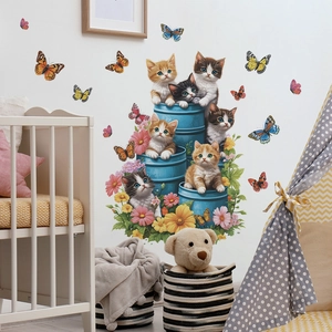 Creative wall decals featuring kittens in flower buckets with colorful butterflies for nursery