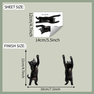 Detailed sheet size and finish size guide for two funny cartoon black cat wall stickers