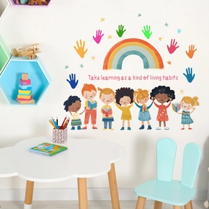 Stickers Muraux Éducatifs Arc-en-Ciel Empreintes De Mains Enfants Pour Chambre Décoration Classe PVC Amovible Slogan Apprentissage