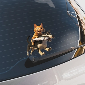 Sticker voiture UV 3D chat et chien pour décoration de vitre arrière de voiture