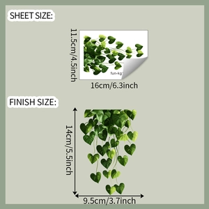 Detailed dimension guide for green leaf vine wall stickers showing sheet and finish sizes