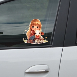 Cartoon girl and cow car window sticker decal on a white vehicle rear glass