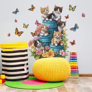 Cute kittens in blue barrels wall sticker with butterflies and flowers for kids room decor