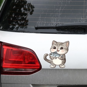 Cartoon grey striped cat holding a blue fish waterproof PVC car decal sticker decor