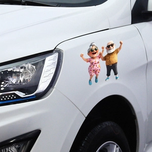 Vibrant cartoon elderly couple jumping stickers on a white car fender for decoration