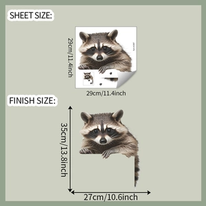 Detailed size chart for cartoon raccoon toilet sticker showing sheet and finish dimensions