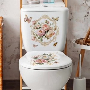 Stickers WC fleuris avec roses roses et bordures baroques dorées pour la salle de bain