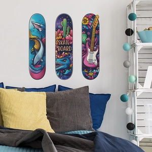 Three-piece retro skateboard poster set for bedroom wall decor with vibrant illustrations