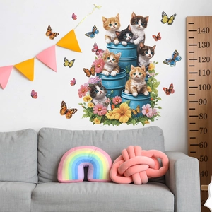 Cat wall decals with blue bucket flowers butterflies and height growth chart ruler