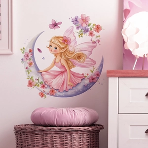 Wandtattoo Fee auf lila Mondsichel mit rosa Blumen für das Mädchen Kinderzimmer Deko