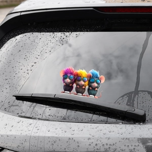 Trois autocollants de souris punk pour voiture sur vitre arrière avec gouttes de pluie
