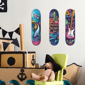 Skateboard Shaped Decorative Wall Stickers With Shark Cactus Guitar Patterns For Kids Bedroom Living Room Home Wall Decor