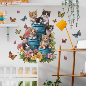 Cute kittens in blue barrel with flowers and butterflies wall decal for home decor