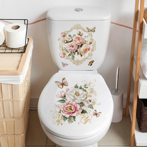 Sticker de Toilette Pivoine et Papillon Imperméable en PVC pour Décoration de Réservoir d'Eau et Couvercle de Salle de Bain