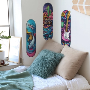 Skateboard-shaped decorative wall stickers featuring retro shark and monster illustrations