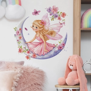 Wandtattoo Fee auf Mond mit Aquarell Blumen und Schmetterlingen für Mädchen Kinderzimmer