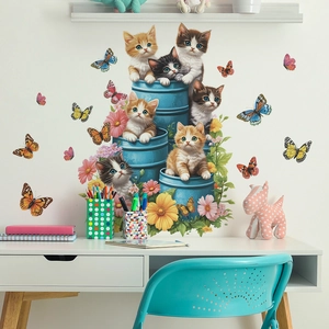 Creative Cats In Bucket Wall Sticker Removable PVC Decal With Floral Butterflies For Kids Room Bedroom Living Room Home Decor