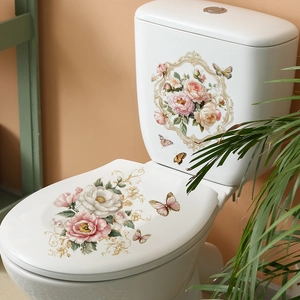 Stickers muraux pivoines avec papillons réalistes et cadre doré vintage pour salle de bain