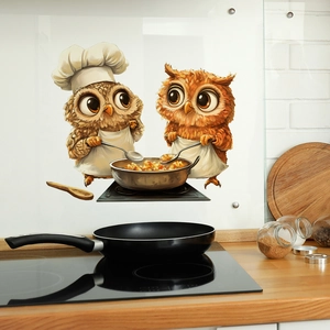 Cartoon chef owls wall sticker for kitchen decor with cooking utensils background