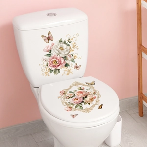 Stickers WC fleurs de pivoines roses et lianes dorées style campagne chic et vintage