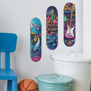 Set of 3 vintage skateboard wall stickers with shark, cactus, and guitar illustrations