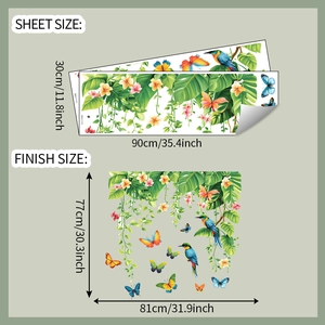 Detail view of tropical leaf wall decals with kingfisher and floral patterns for home decor