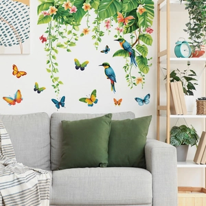 Tropical monstera leaves wall stickers with birds and flowers for living room decor