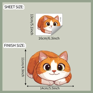 Macro detail of cute orange cartoon cat sticker showing sheet size and finish size