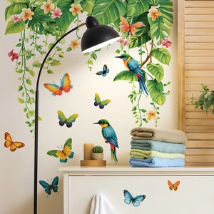Tropical Monstera Leaves Wall Stickers Green Plants Flowers Birds Butterflies Wall Decals For Living Room Bedroom Decor