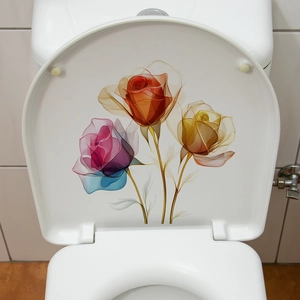 Floral self-adhesive sticker with rose pattern on a white U-shaped toilet seat lid cover