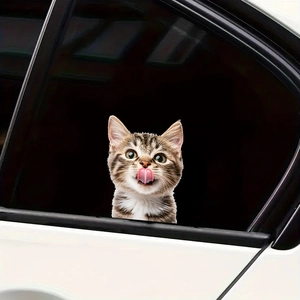 3D realistic brown tabby cat car sticker on a white door for cute vehicle decoration
