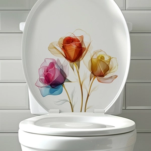 Floral toilet lid decals with vibrant artistic roses on minimalist ceramic bathroom surface