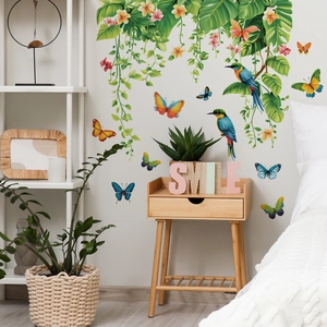 Tropical rainforest wall stickers with green leaves, birds, and butterflies for bedroom decor