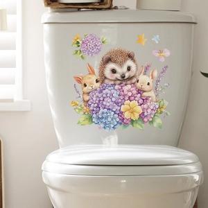 Cartoon rabbit and hedgehog toilet wall sticker with purple hydrangea floral design