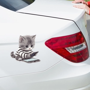 Cartoon grey kitten wearing striped shirt playing with phone car window sticker decal