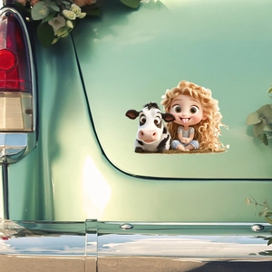 Adesivo per auto 3D con ragazza e mucca cartoon su veicolo vintage verde menta